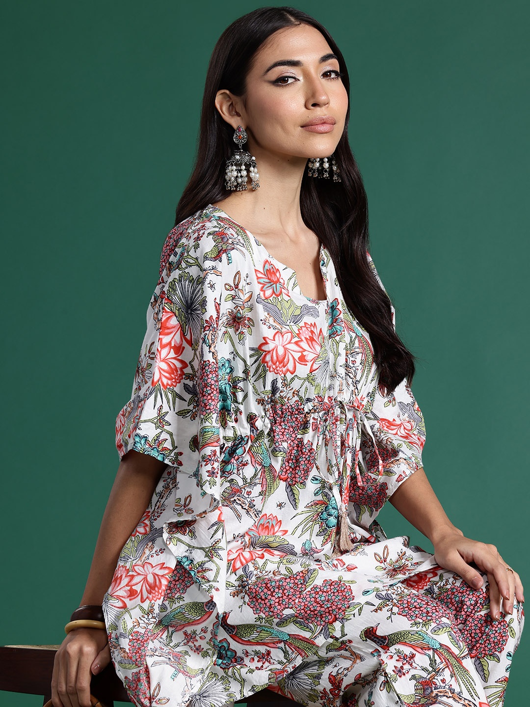 

Sangria White Floral Printed Jacquard Pleated Kaftan Pure Cotton Kurti with Palazzos