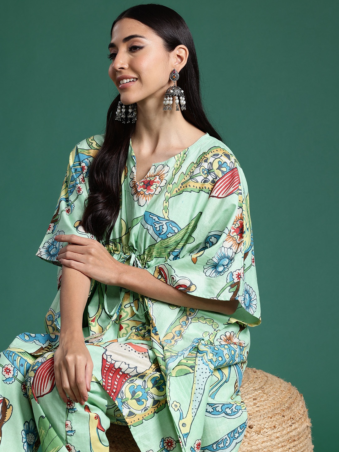 

Sangria Green Floral Printed Jacquard Pleated Kaftan Pure Cotton Kurti with Palazzos