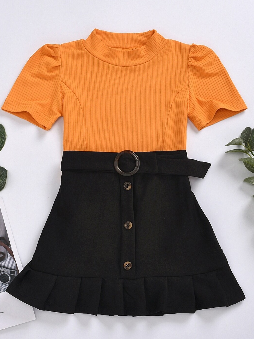 

StyleCast Girls Orange & Black Round Neck Top with Skirt