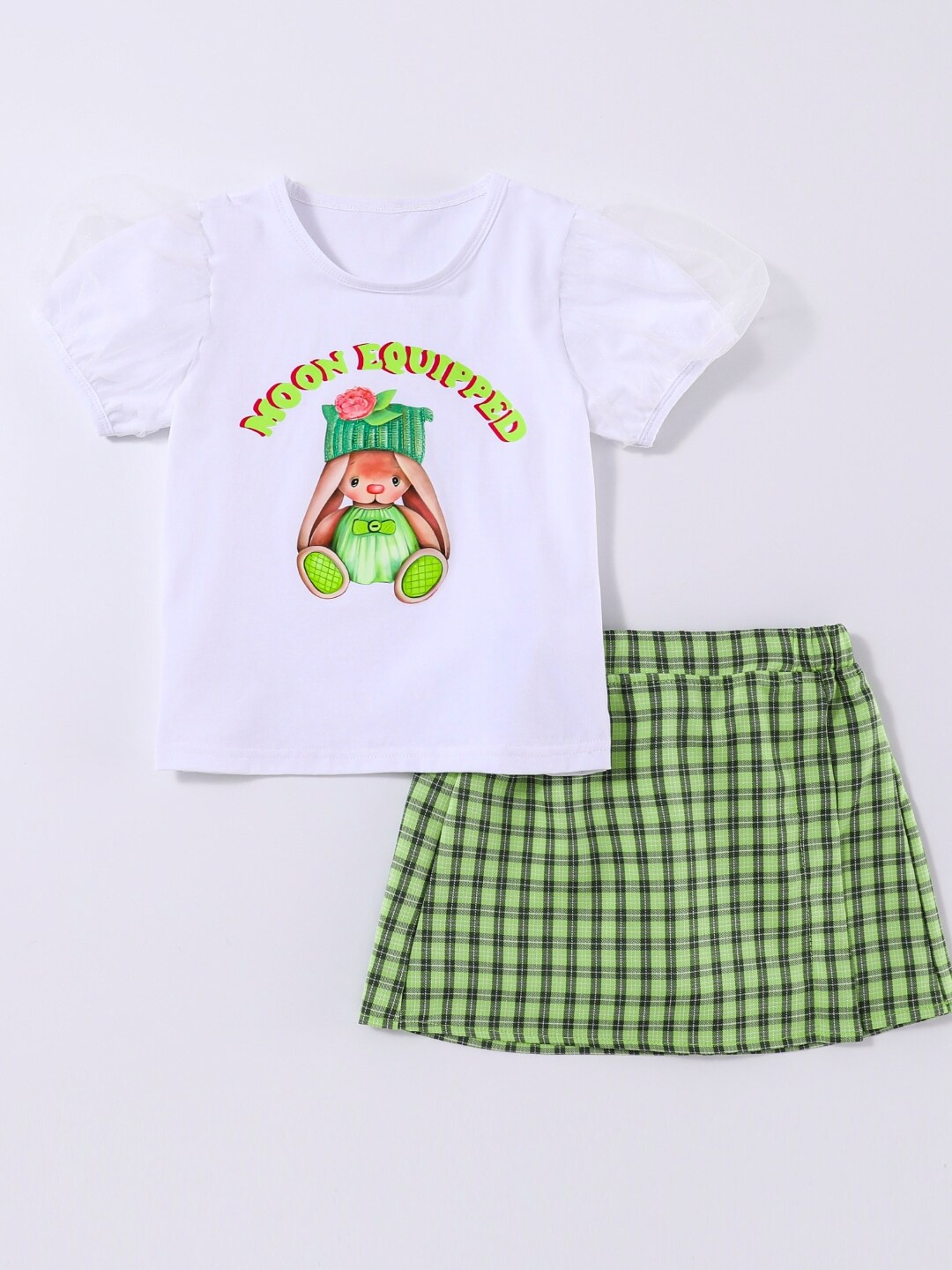 

StyleCast Girls Round Neck Short Sleeves Printed Top with Skirt, Green