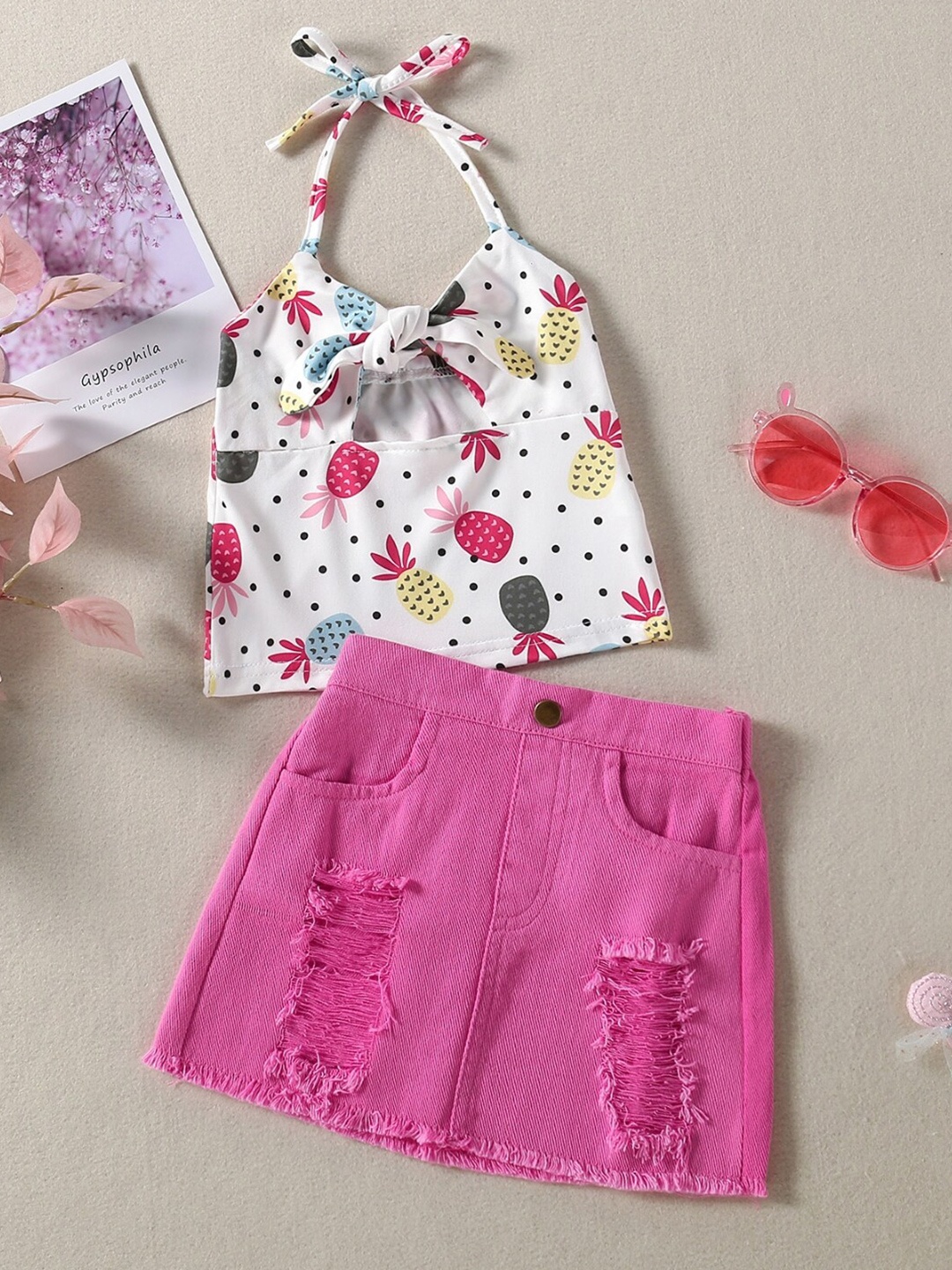 

StyleCast Girls Pink & White Printed Top with Skirt