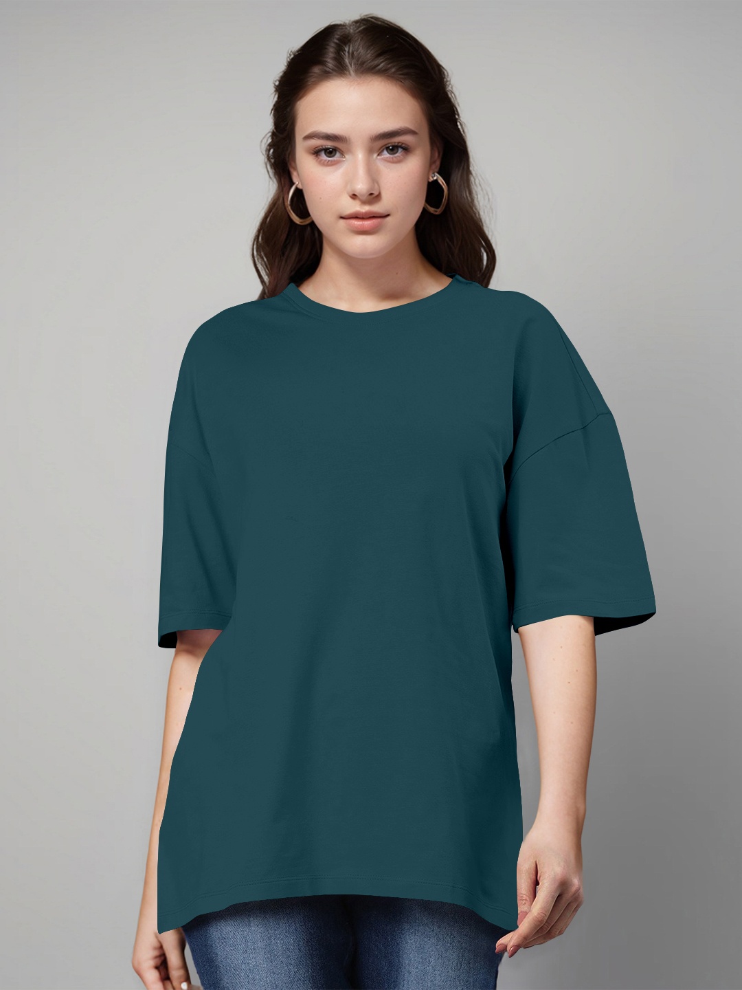 

Huetrap Round Neck Drop-Shoulder Sleeves Oversized Cotton T-shirt, Teal