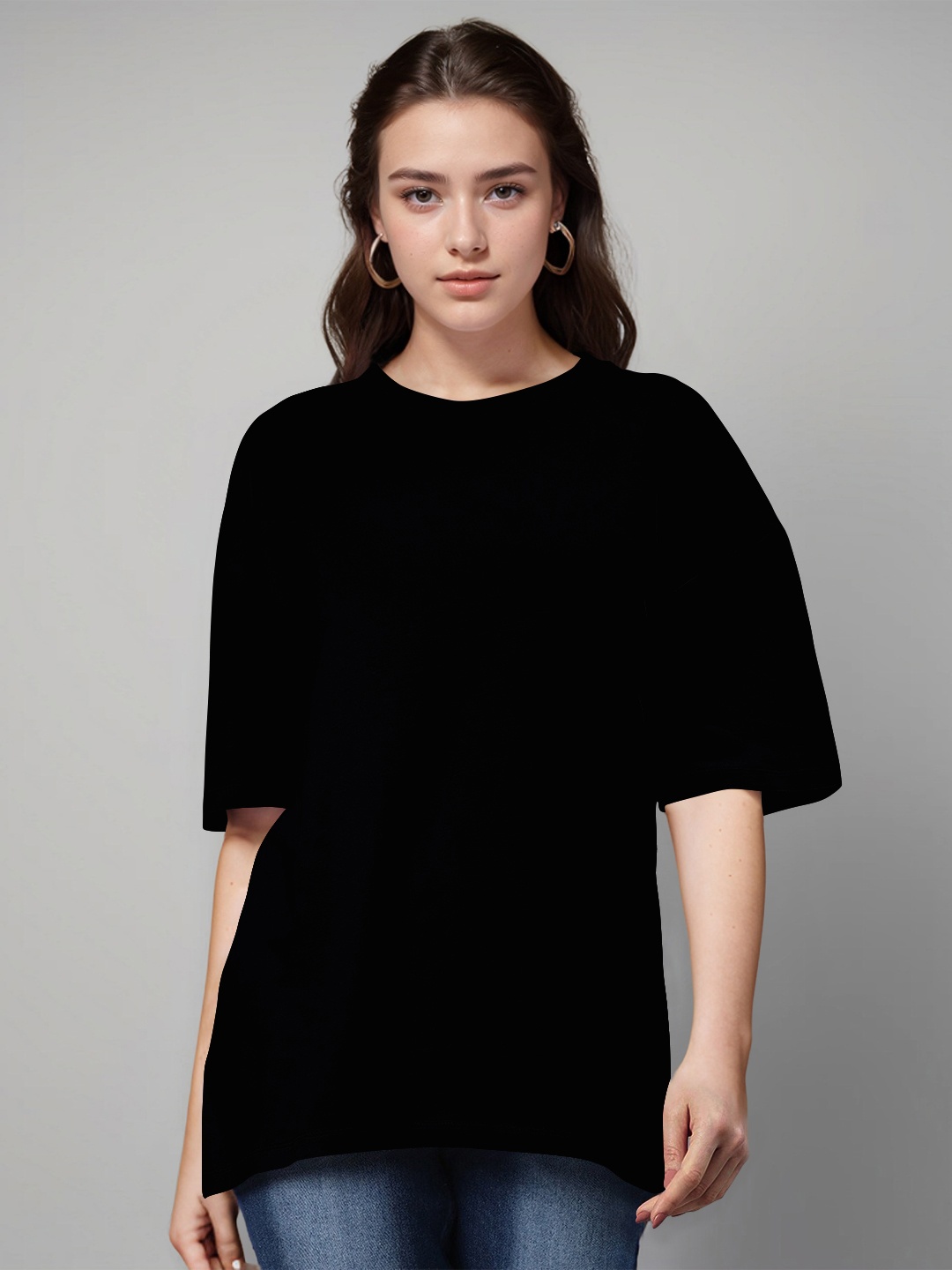 

Huetrap Round Neck Drop-Shoulder Sleeves Oversized T-shirt, Black
