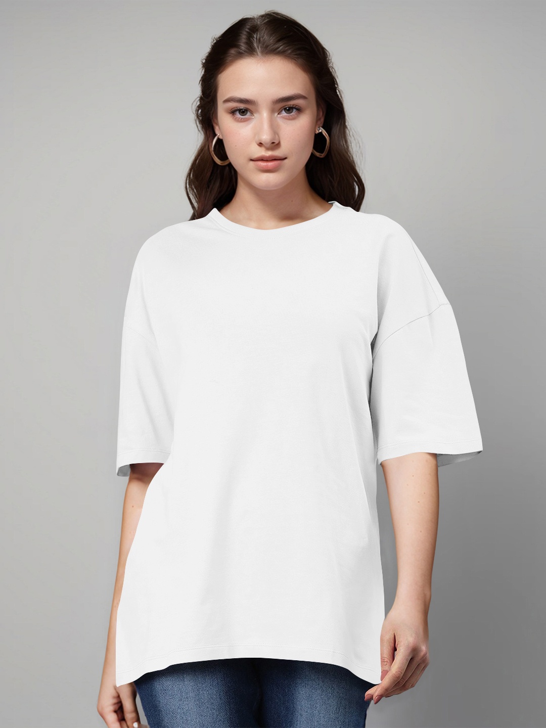 

Huetrap Round Neck Drop-Shoulder Sleeves Cotton Oversized T-shirt, White