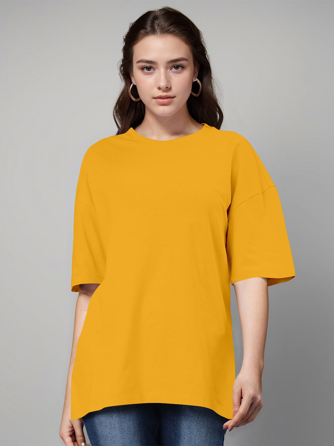 

Huetrap Round Neck Drop-Shoulder Sleeves Cotton Oversized T-shirt, Yellow