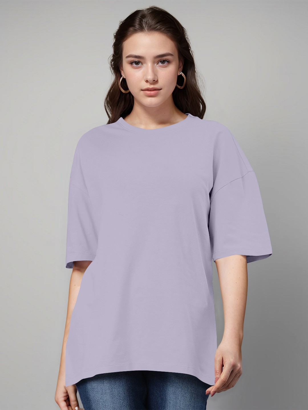 

Huetrap Round Neck Drop-Shoulder Sleeves Cotton Oversized T-shirt, Purple