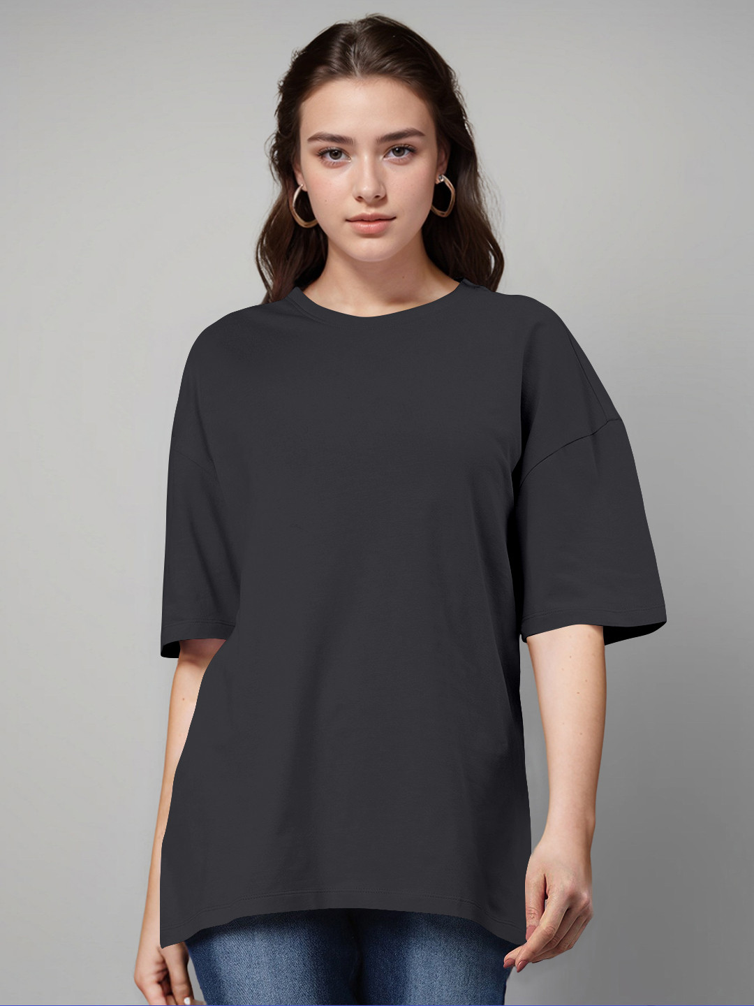 

Huetrap Round Neck Drop-Shoulder Sleeves Cotton Oversized T-shirt, Charcoal