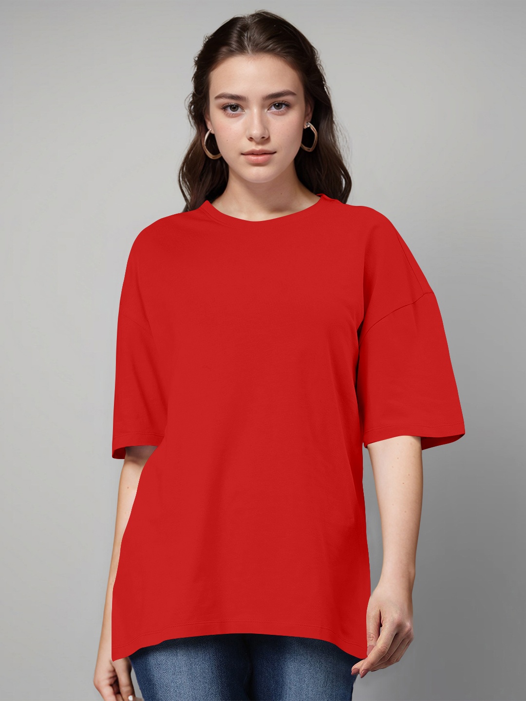 

Huetrap Round Neck Drop Shoulder Sleeves Cotton Oversized T shirt, Red