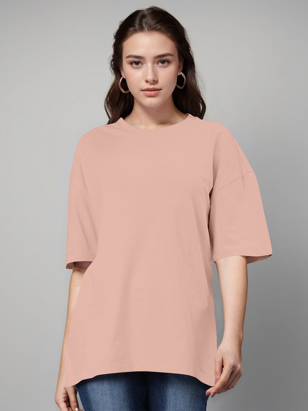 

Huetrap Round Neck Drop Shoulder Sleeves Cotton Oversized T shirt, Coral