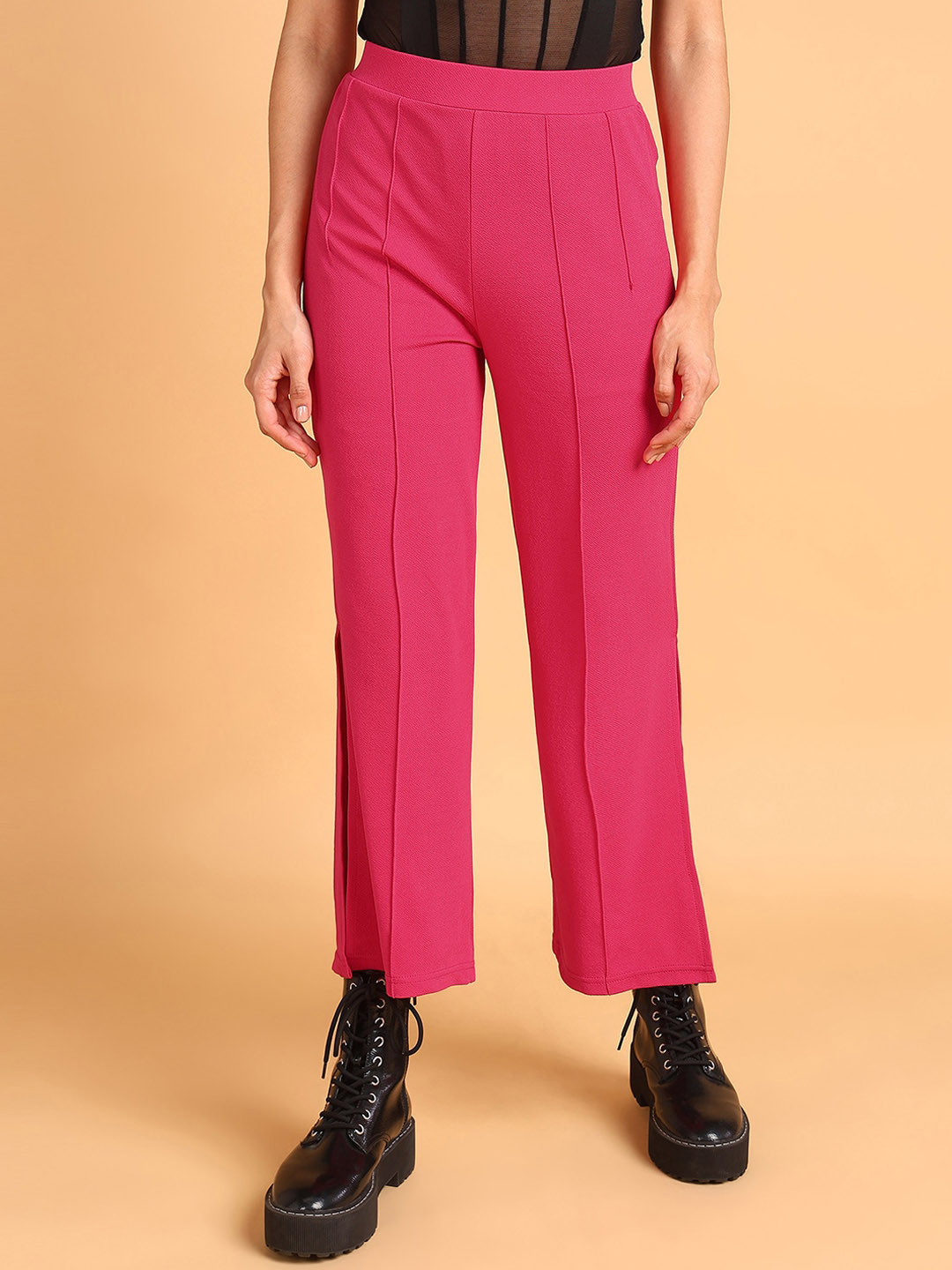 

The Roadster Lifestyle Co Women Pink High-Rise Slitted Regular Trousers