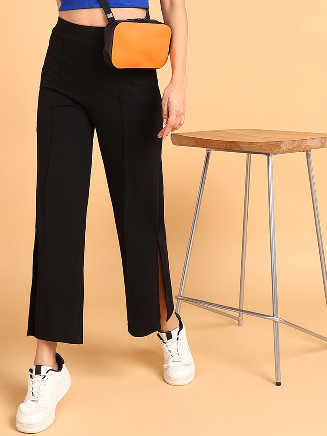 

The Roadster Lifestyle Co Women Black High-Rise Slitted Regular Trousers