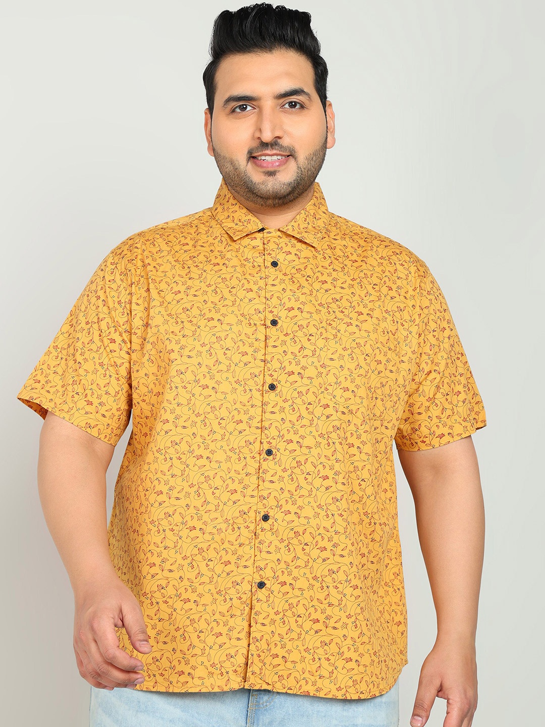 

Bene Kleed Plus Opaque Floral Printed Cotton Casual Shirt, Mustard