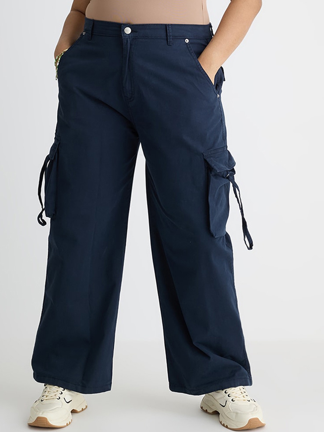 

FREAKINS Women Blue Straight Fit High-Rise Cargos Trousers