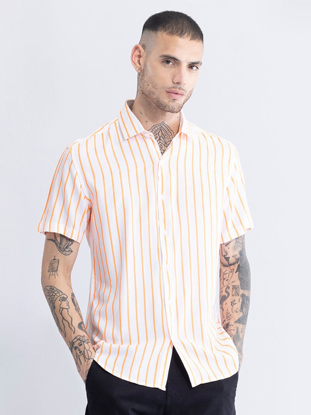 

Snitch Orange Classic Slim Fit Opaque Striped Printed Casual Shirt, White