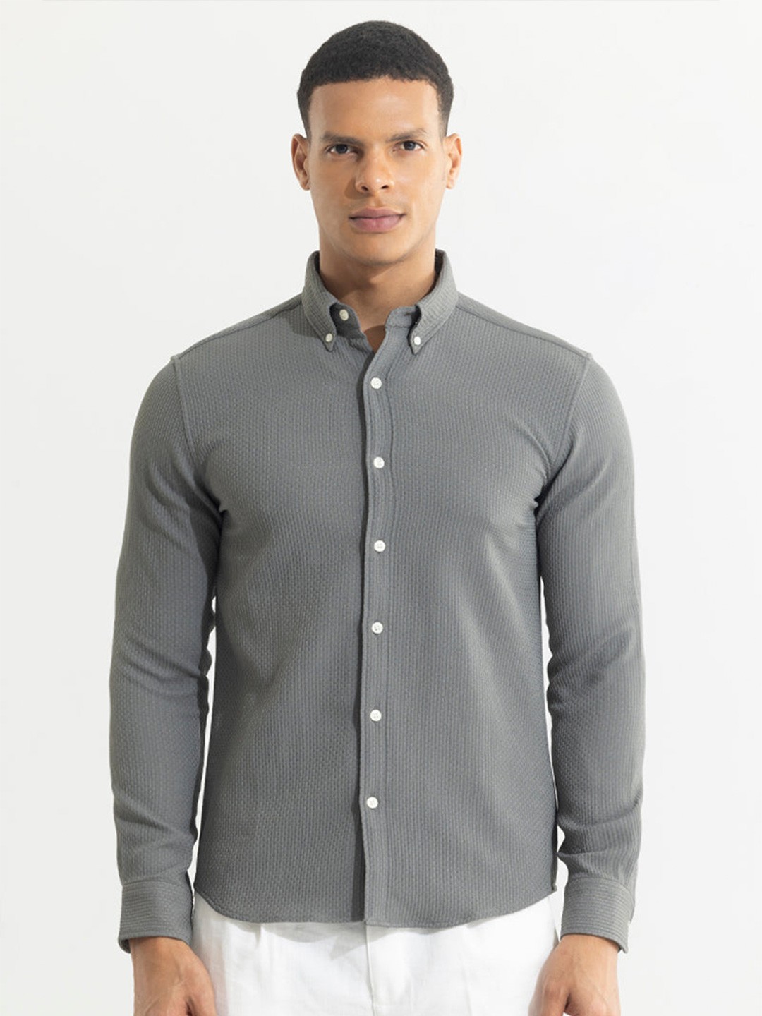 

Snitch Grey Textured Self Design Classic Slim Fit Opaque Casual Shirt