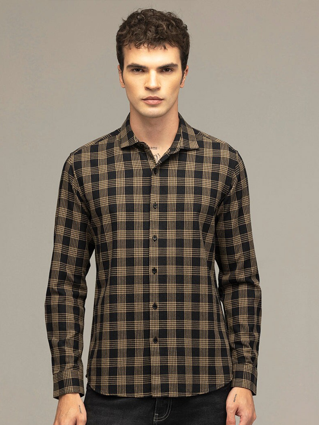 

Snitch Brown Classic Slim Fit Opaque Tartan Checked Cotton Casual Shirt