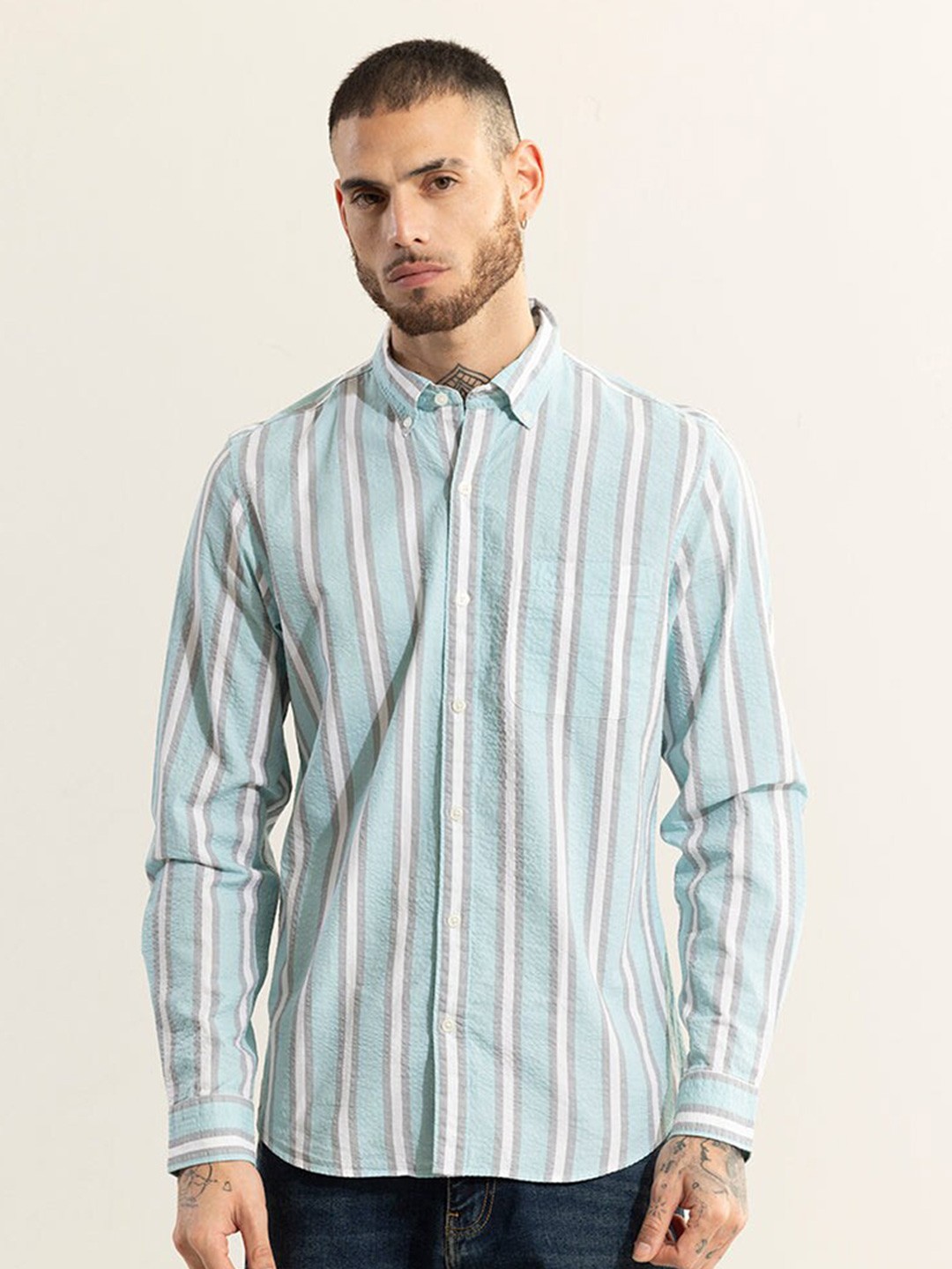 

Snitch Blue Classic Slim Fit Opaque Striped Printed Casual Shirt