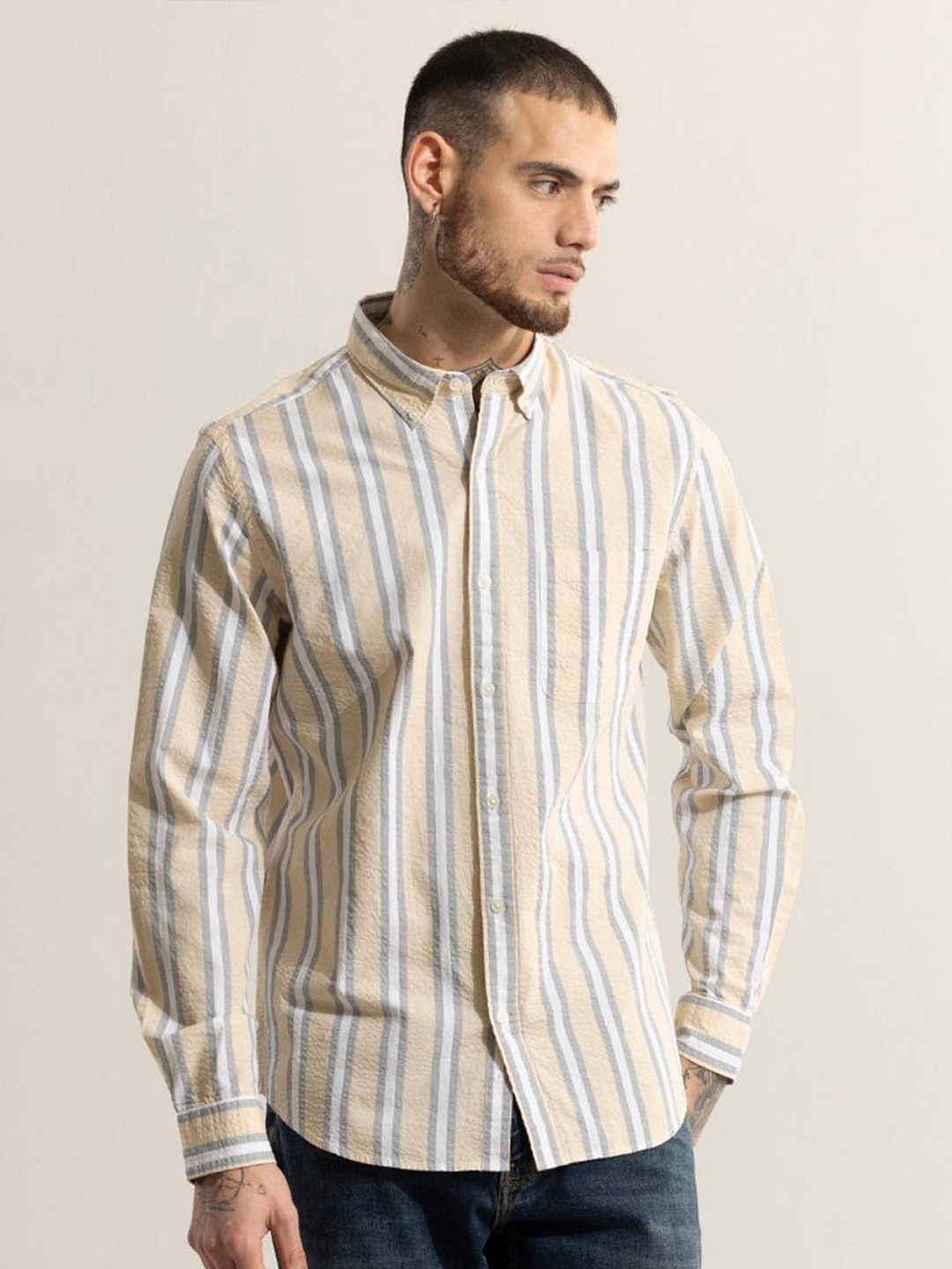 

Snitch Classic Slim Fit Opaque Striped Printed Casual Shirt, Beige