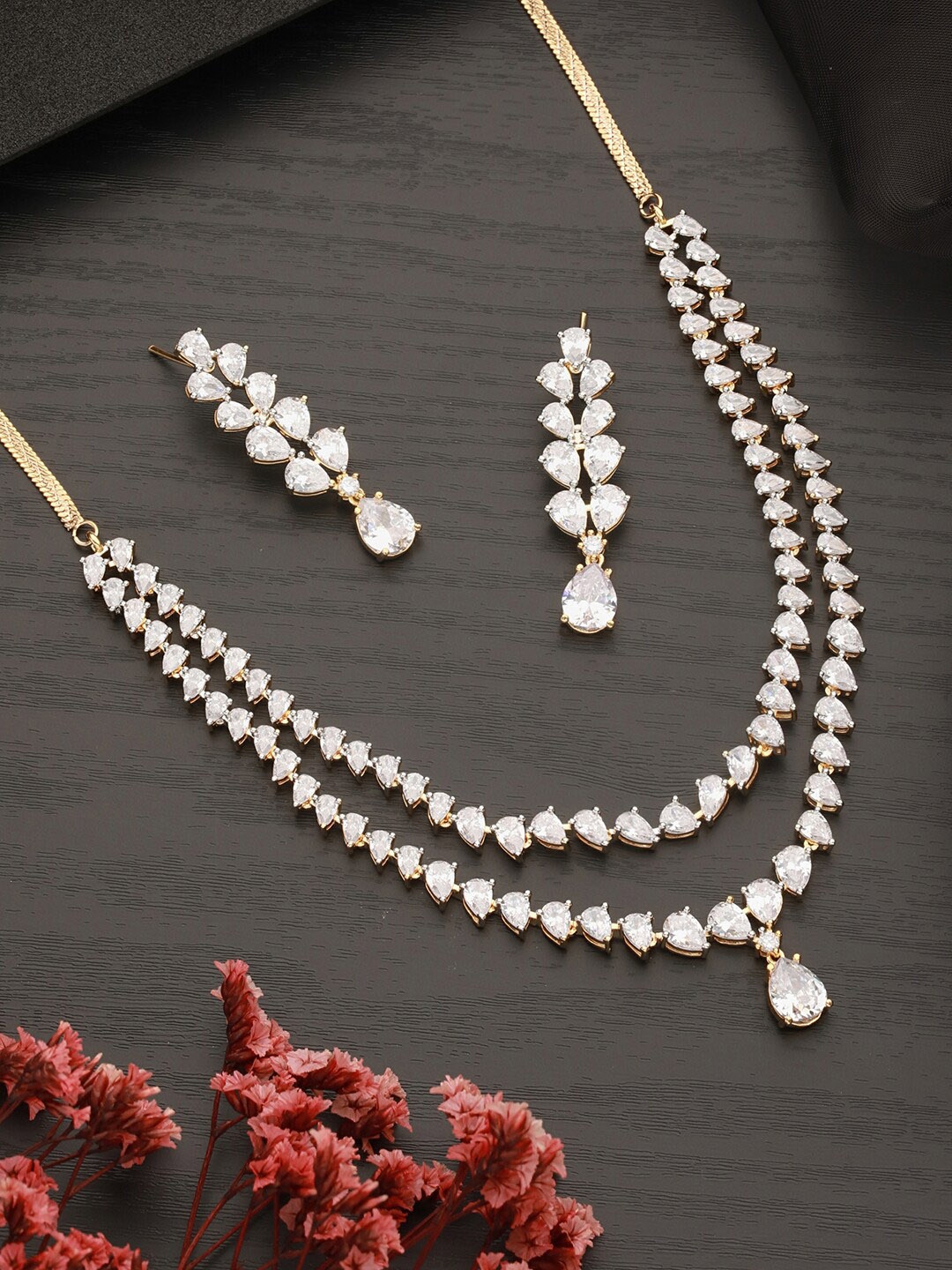 

Saraf RS Jewellery Gold-Plated CZ-Studded Layered Pear-shaped Solitaire Jewellery Set