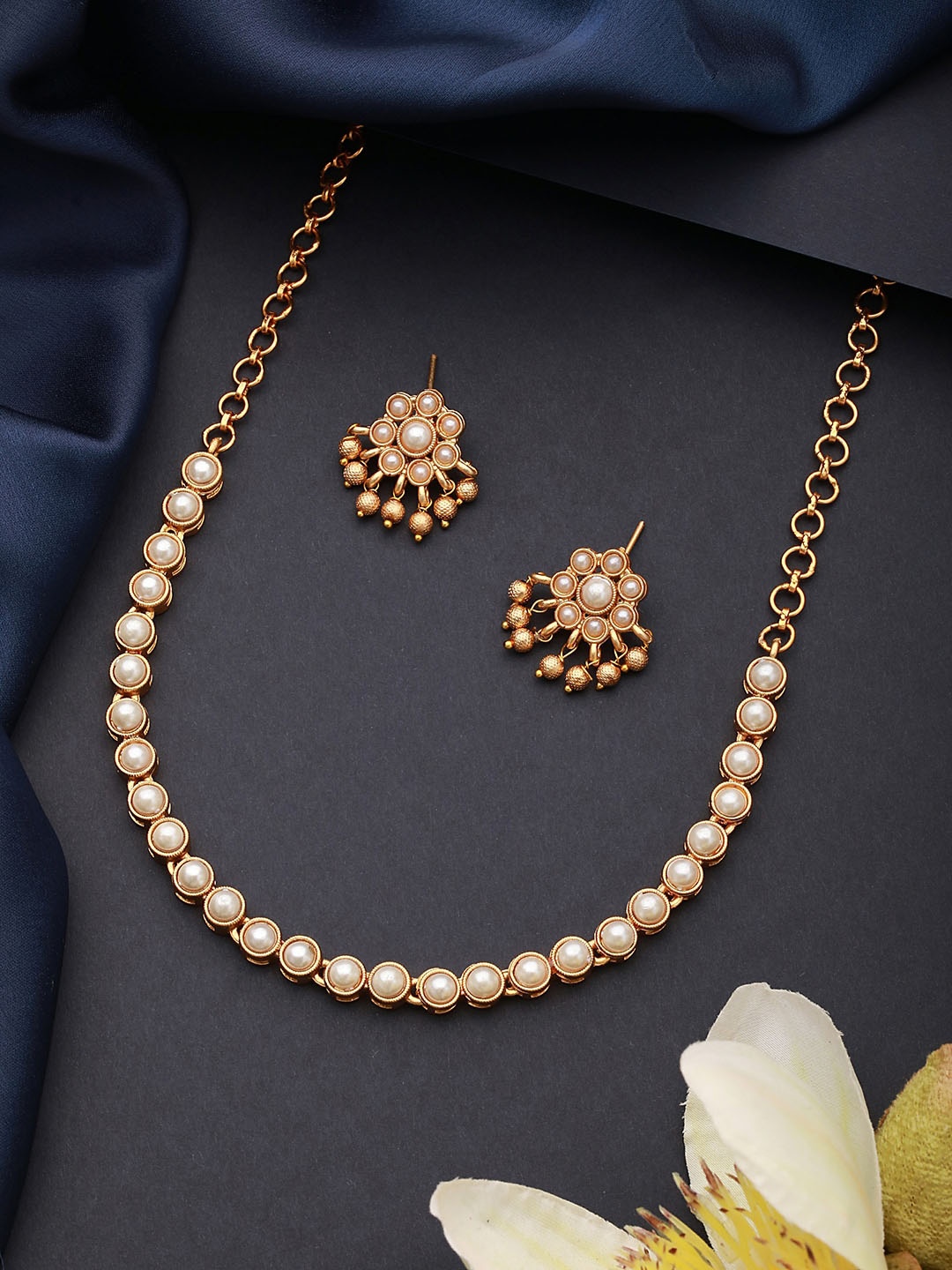 

Saraf RS Jewellery Gold-Plated Pearl Beaded Minimal Necklace and Earrings Set