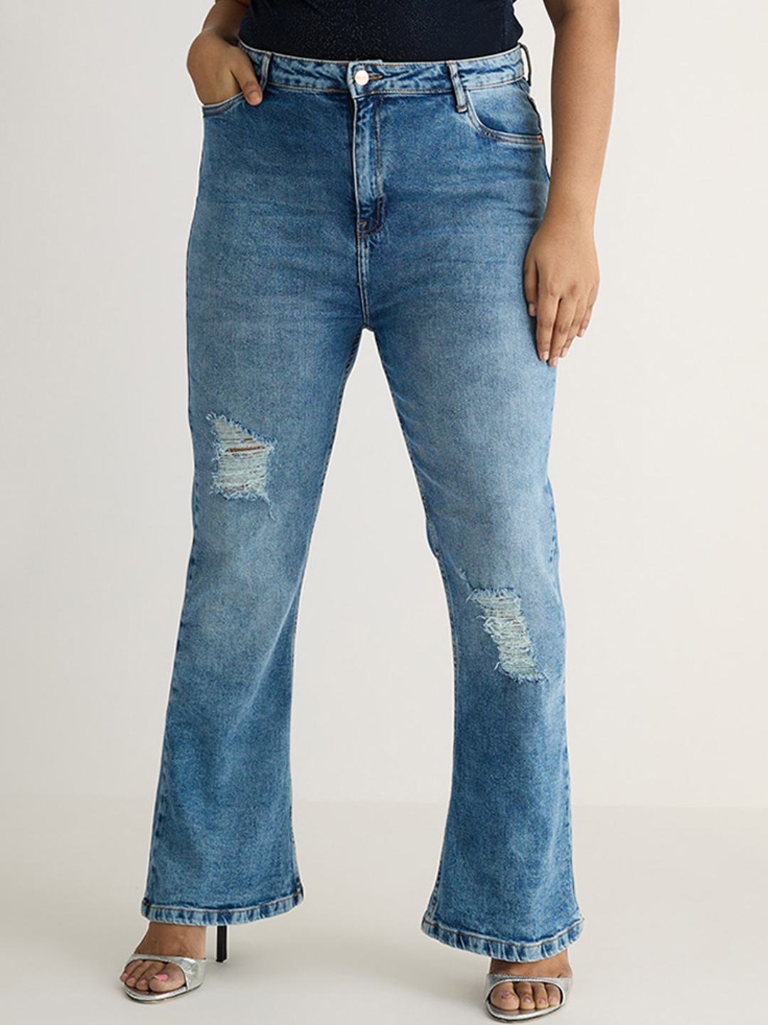 

FREAKINS Blue Women Bootcut High-Rise Mildly Distressed Light Fade Pure Cotton Jeans