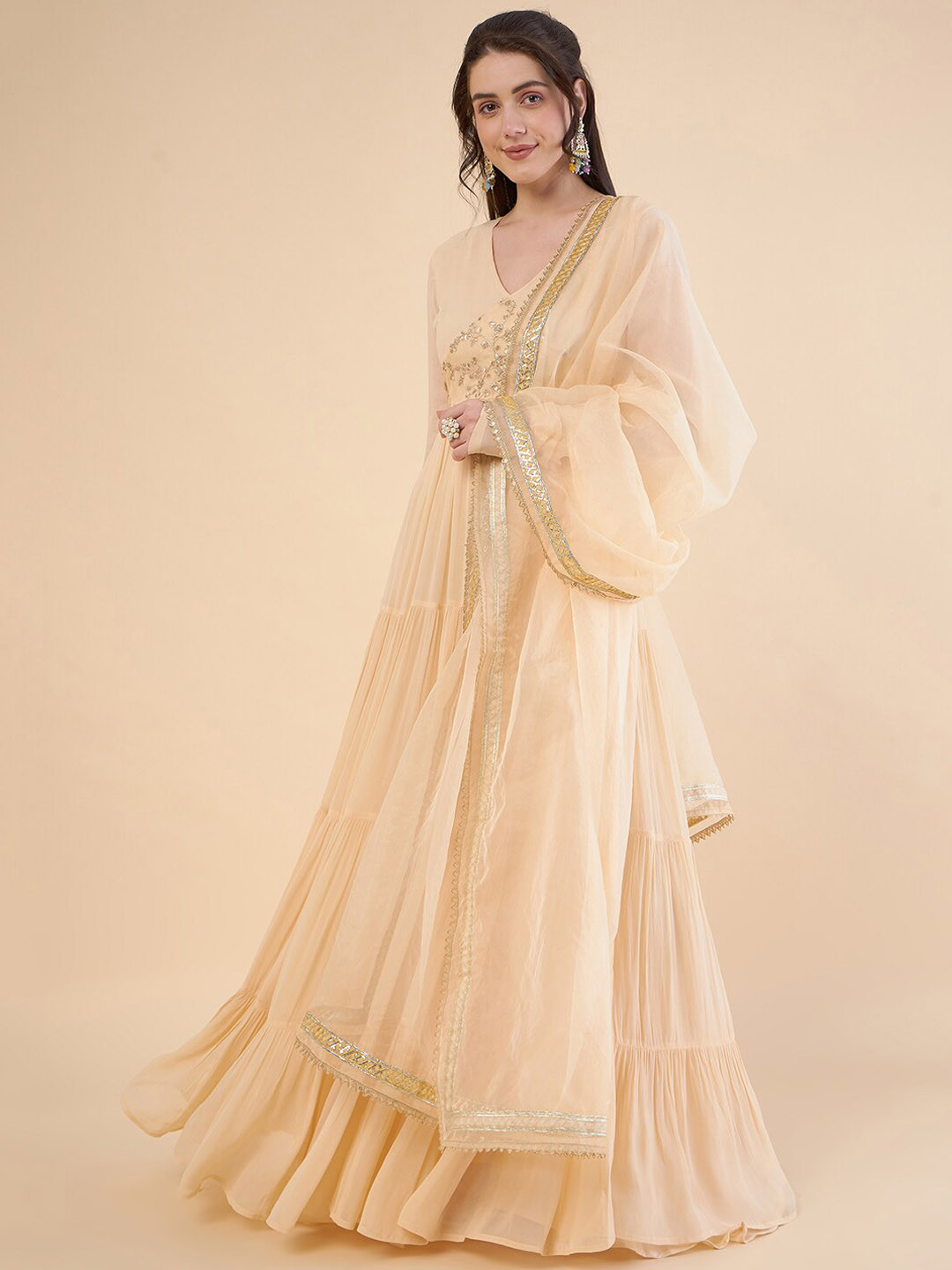 

ADORNIA V-Neck Gathered Tiered Georgette Maxi Ethnic Dress With Organza Dupatta, Beige