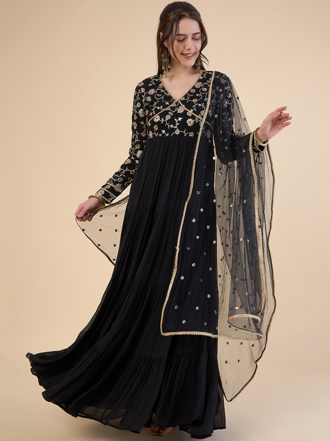 

ADORNIA Floral Embroidered Siquinned V-Neck Flared Georgette Ethnic Dress With Duppatta, Black