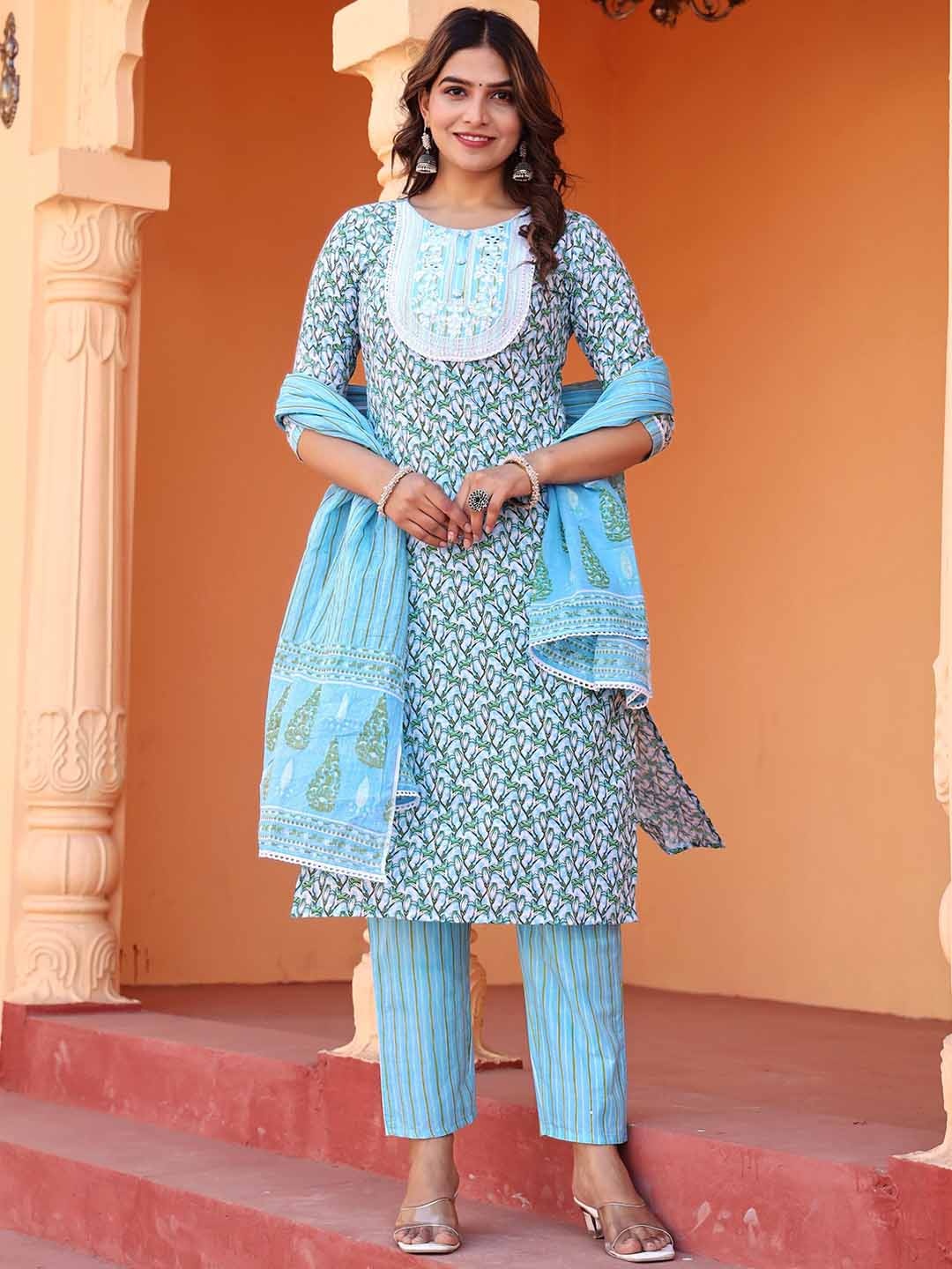 

Misti Exim Floral Printed Regular Mirror Work Pure Cotton Kurta With Trousers & Dupatta, Blue