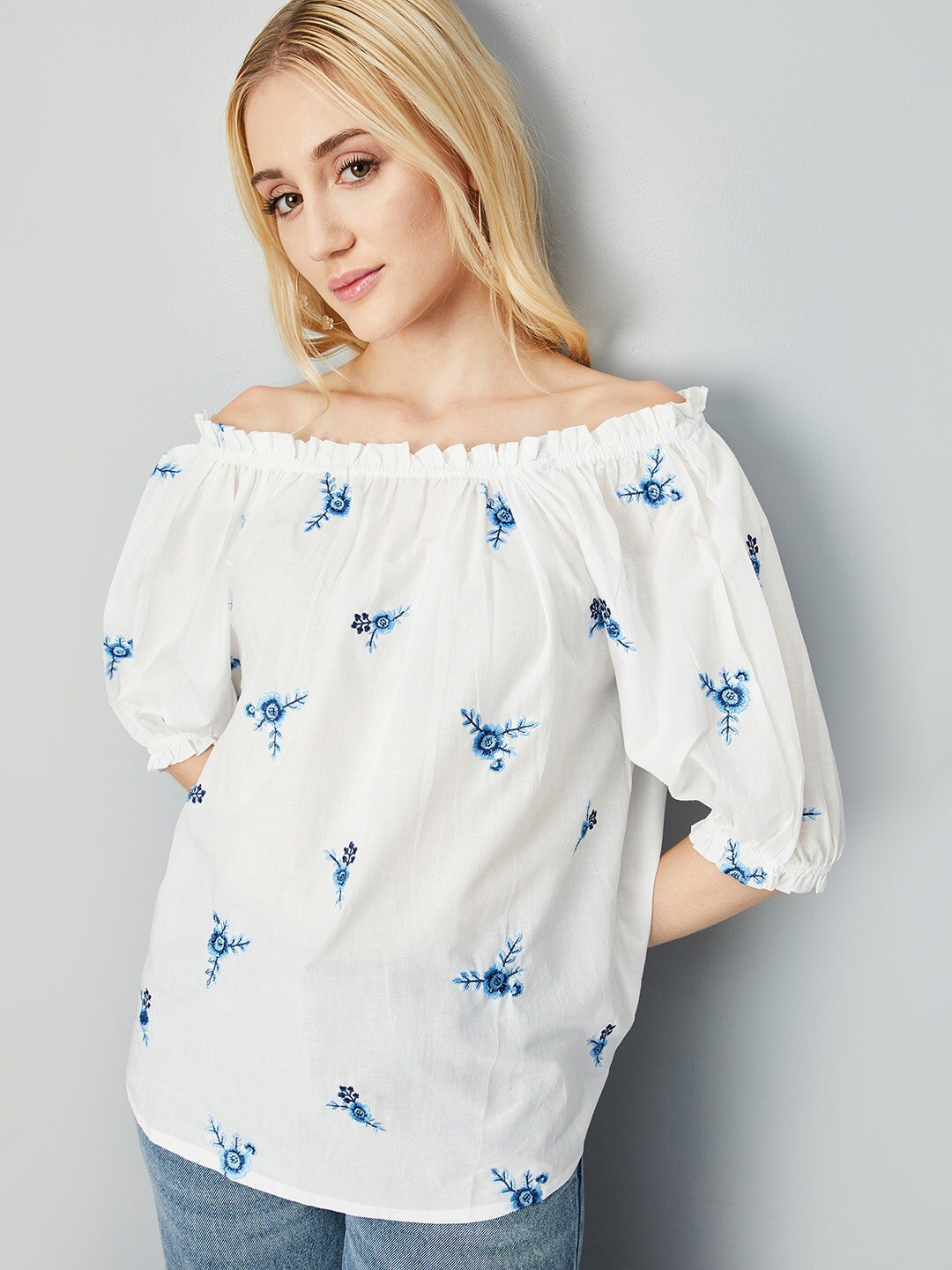 

max Floral Print Off-Shoulder Flared Sleeve Cotton Bardot Top, White