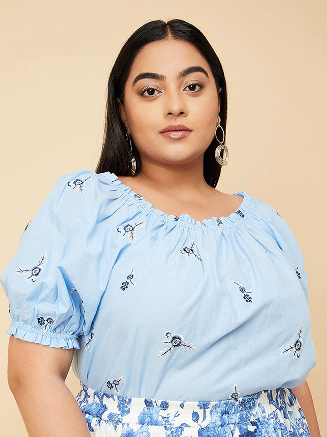 

max Plus Size Floral Print Puff Sleeve Cotton Blouson Top, Blue