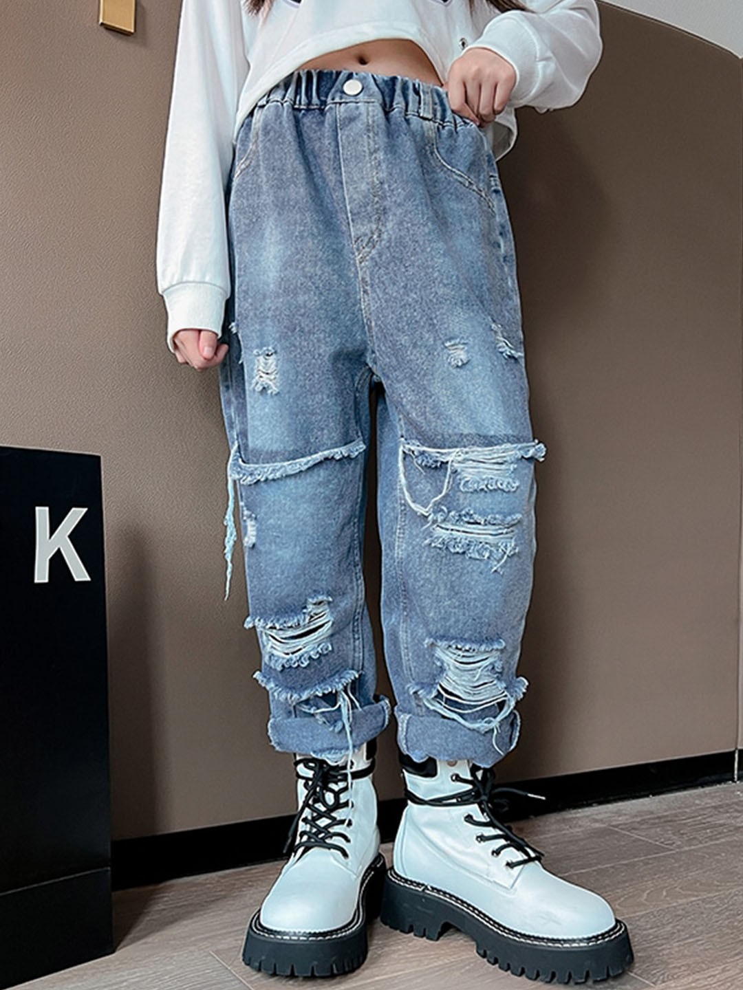 

StyleCast x Revolte Girls Relaxed Fit Highly Distressed Light Fade Jeans, Blue