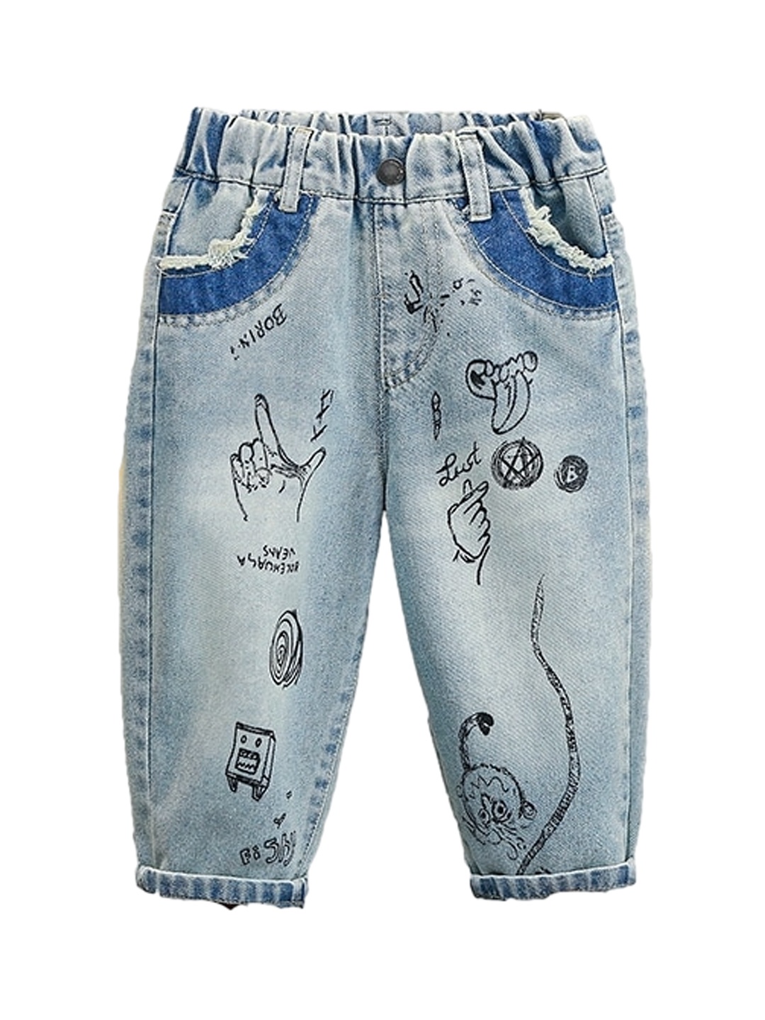 

StyleCast x Revolte Boys Relaxed Fit Mid-Rise Printed Heavy Fade Low Distress Jeans, Blue