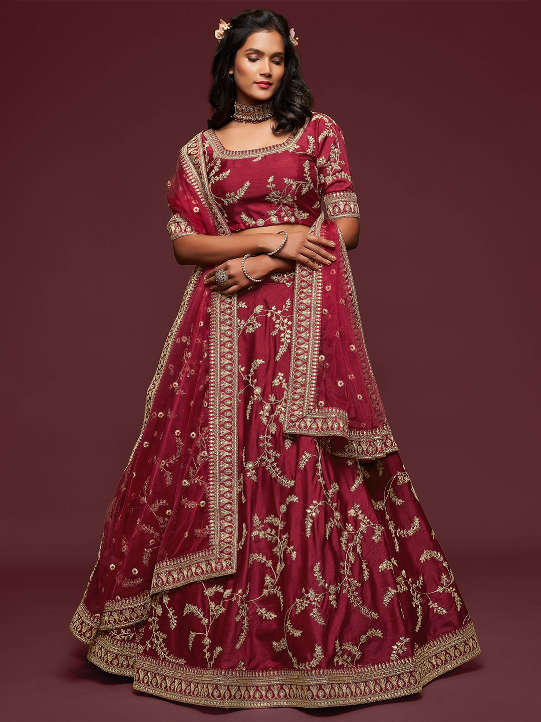 

FABPIXEL Embroidered Sequinned Semi-Stitched Lehenga & Unstitched Blouse With Dupatta, Maroon