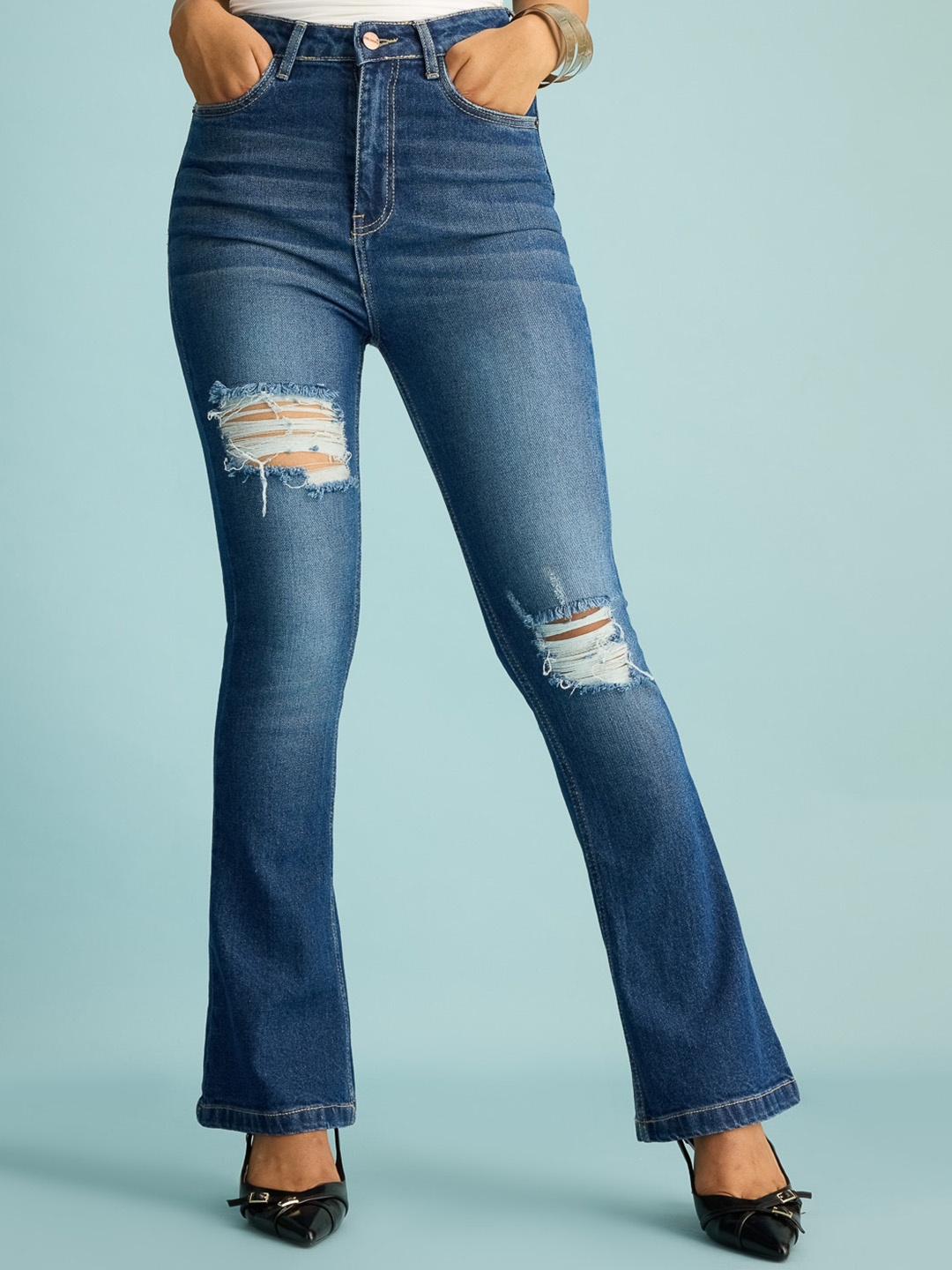 

FREAKINS Blue Women Bootcut High-Rise Highly Distressed Pure Cotton Jeans