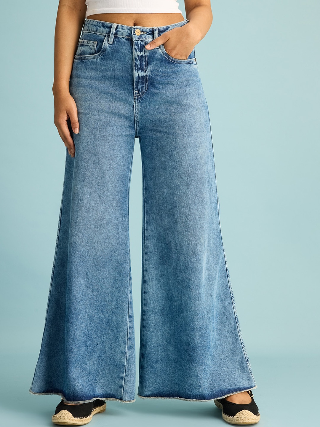 

FREAKINS Women Flared High-Rise Pure Cotton Heavy Fade Jeans, Blue