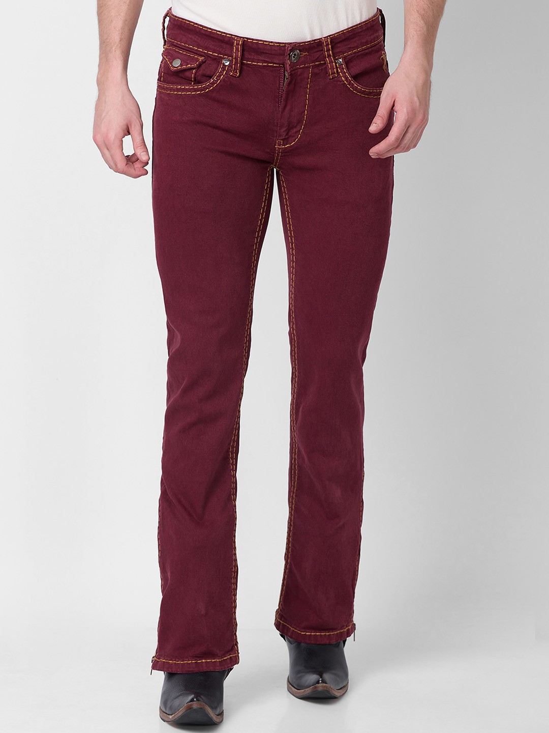 

mode de base Men Bootcut Low Rise Clean Look Stretchable Jeans, Maroon