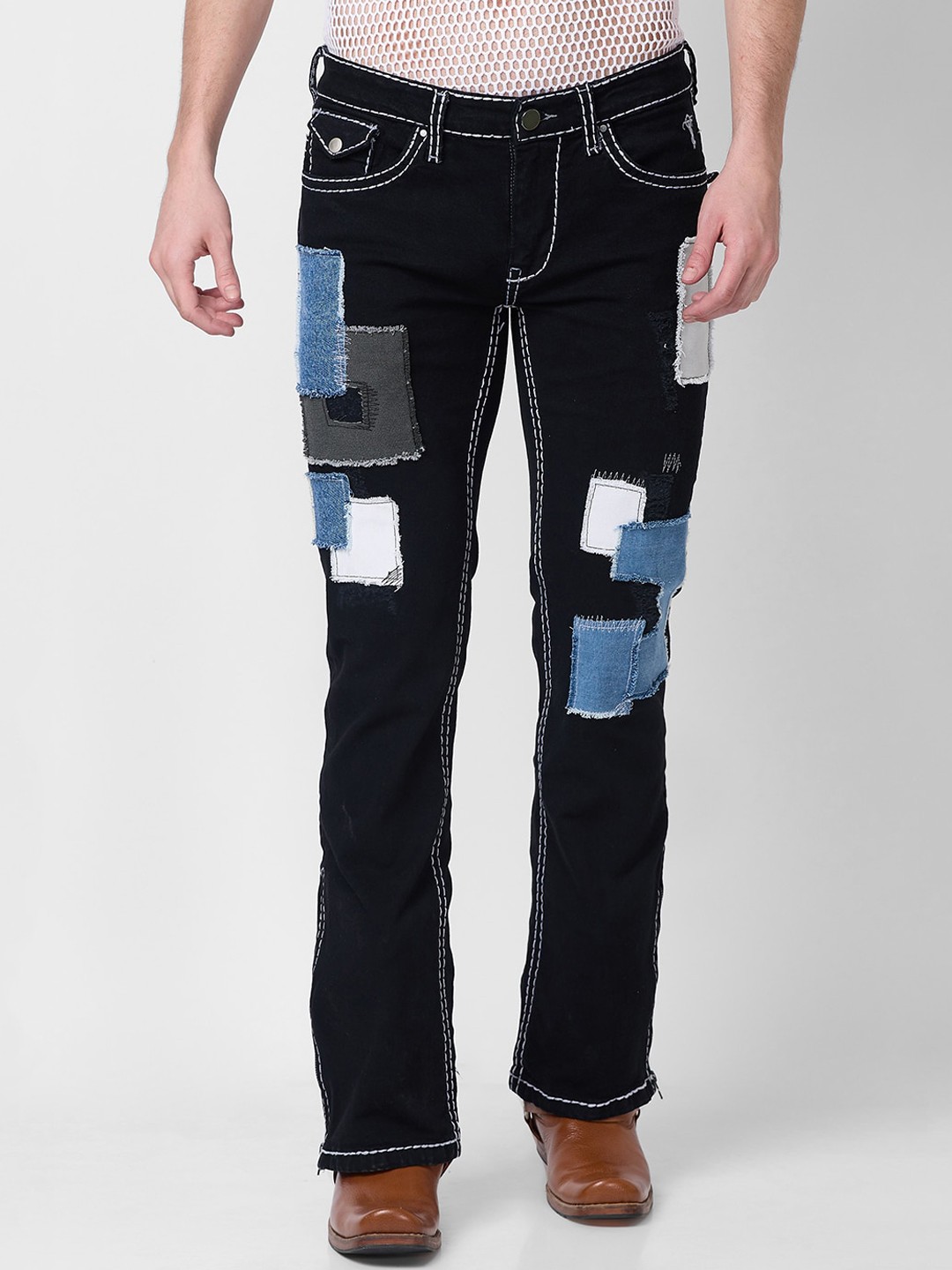

mode de base Men Bootcut Low Rise Mildly Distressed Stretchable Jeans, Black