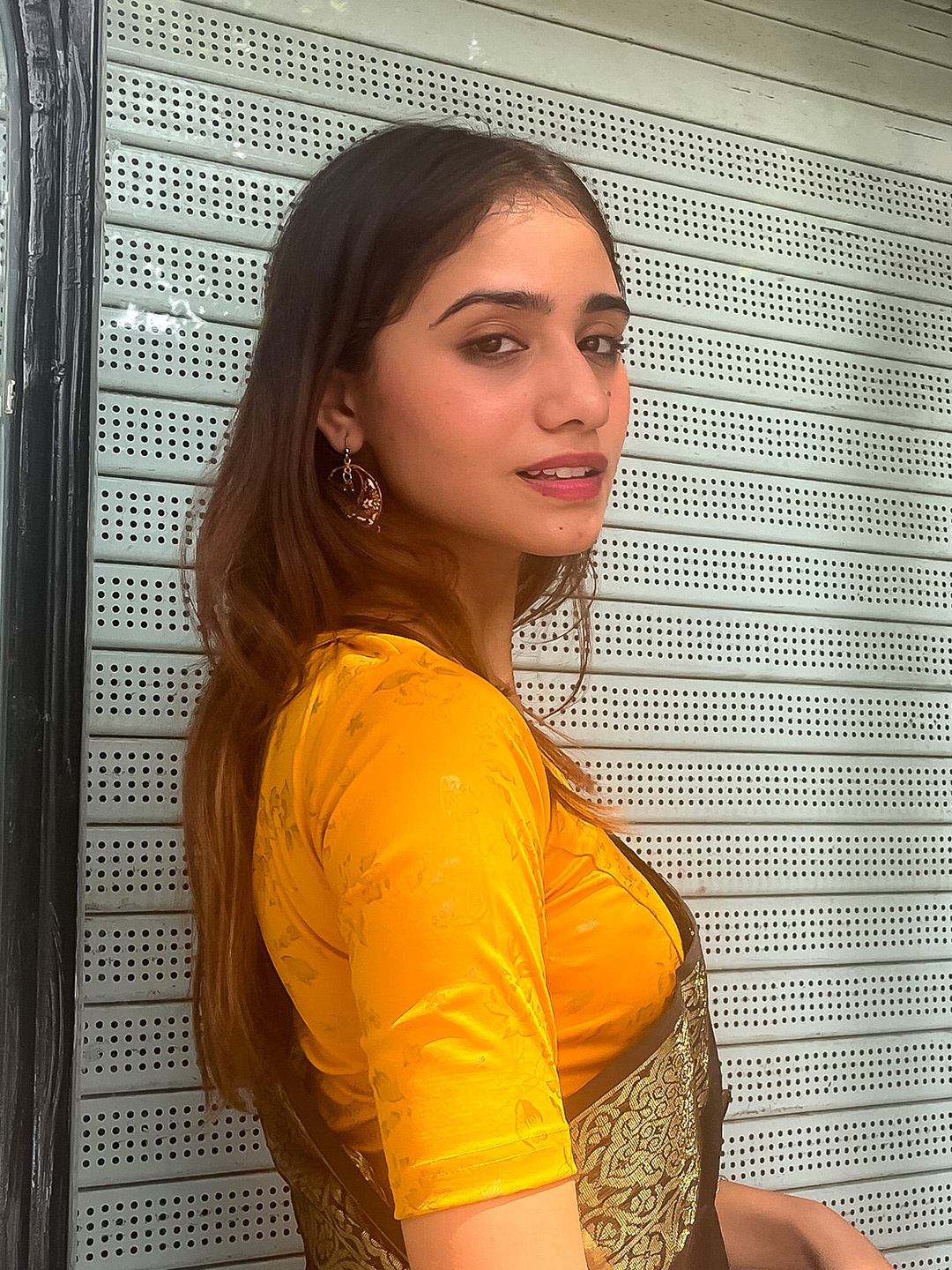 

Bindigasm's Advi Floral Printed Round Neck Stretchable Slip On Blouse, Mustard