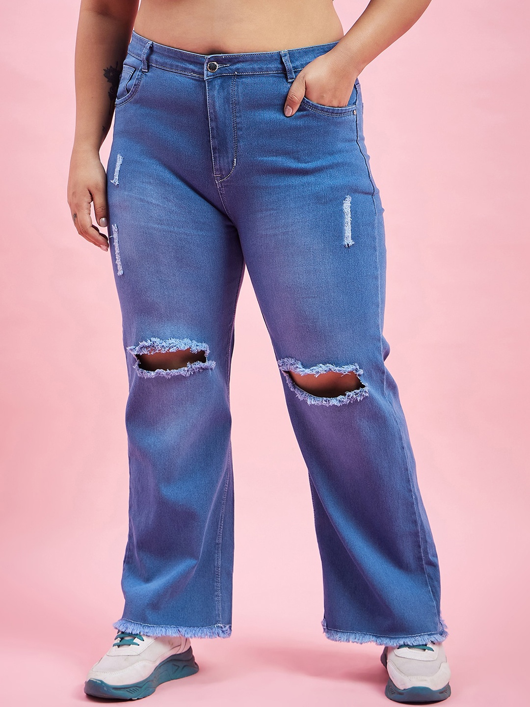 

Purple Feather Women Plus Size Wide Leg High-Rise Slash Knee Light Fade Stretchable Jeans, Blue