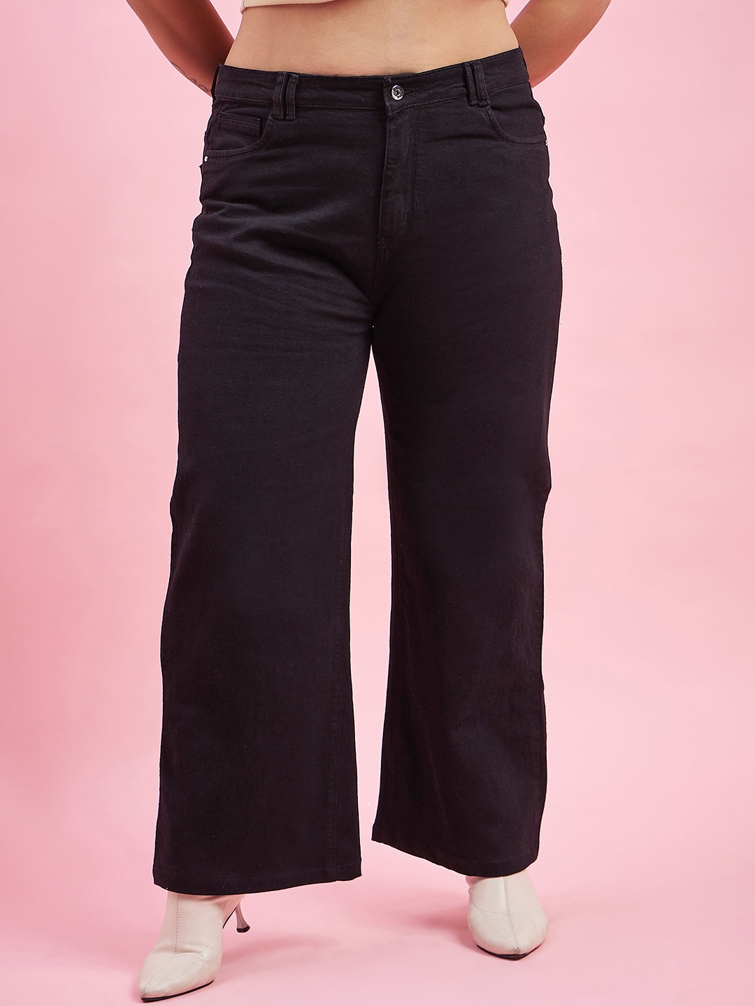 

Purple Feather Women Plus Size Wide Leg High-Rise Clean Look Stretchable Jeans, Black