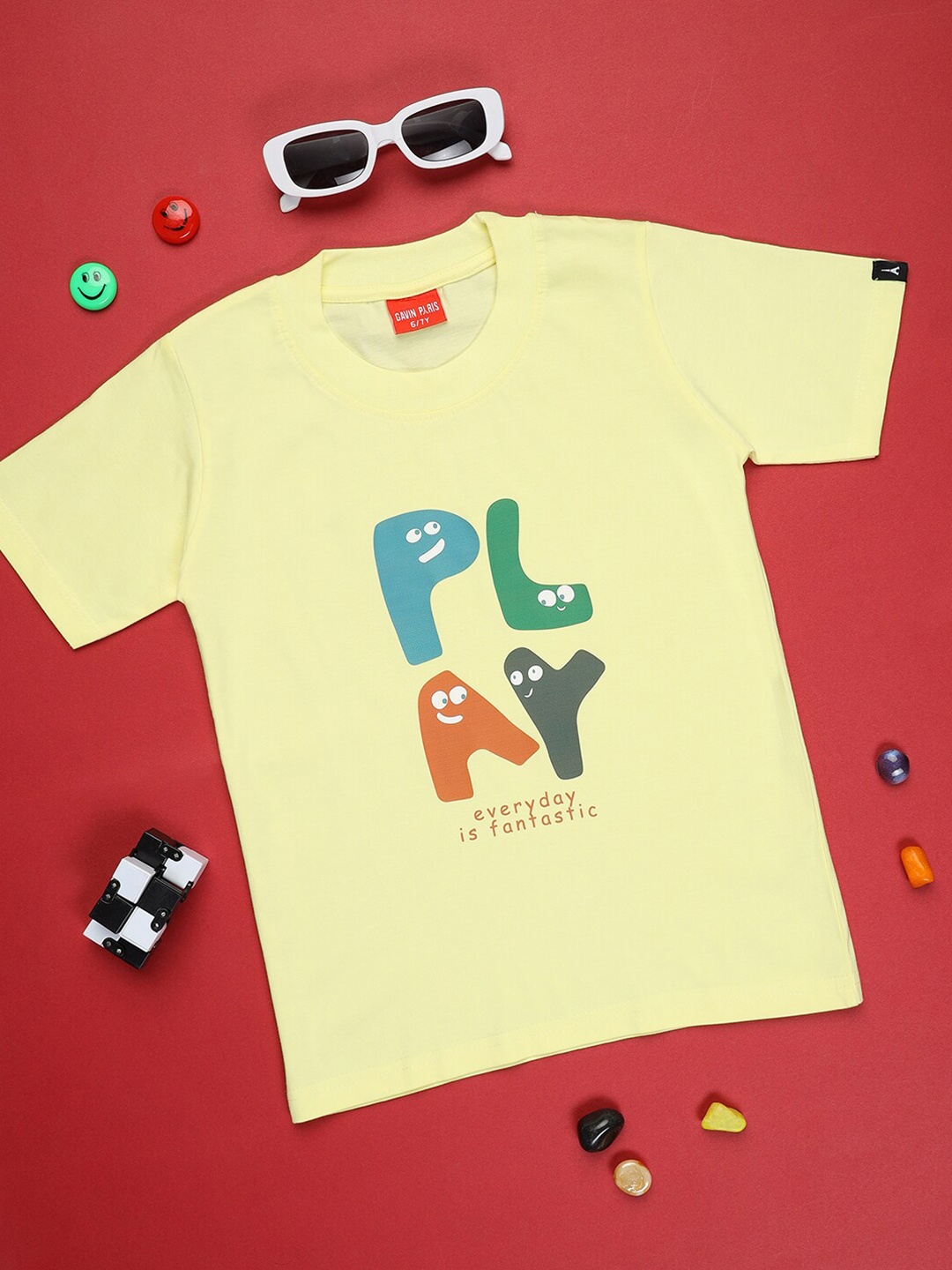 

Gavin Paris Boys Typography Printed Pure Cotton Short Sleeves Bio Finish Applique T-shirt, Yellow