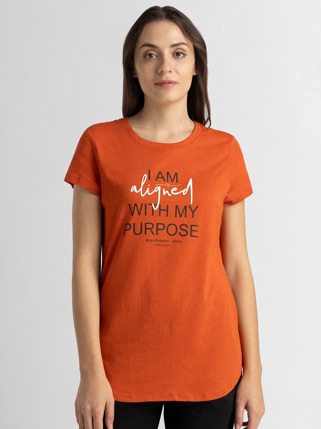 Van Heusen Round Neck Typography Printed Cotton T-shirt, Orange