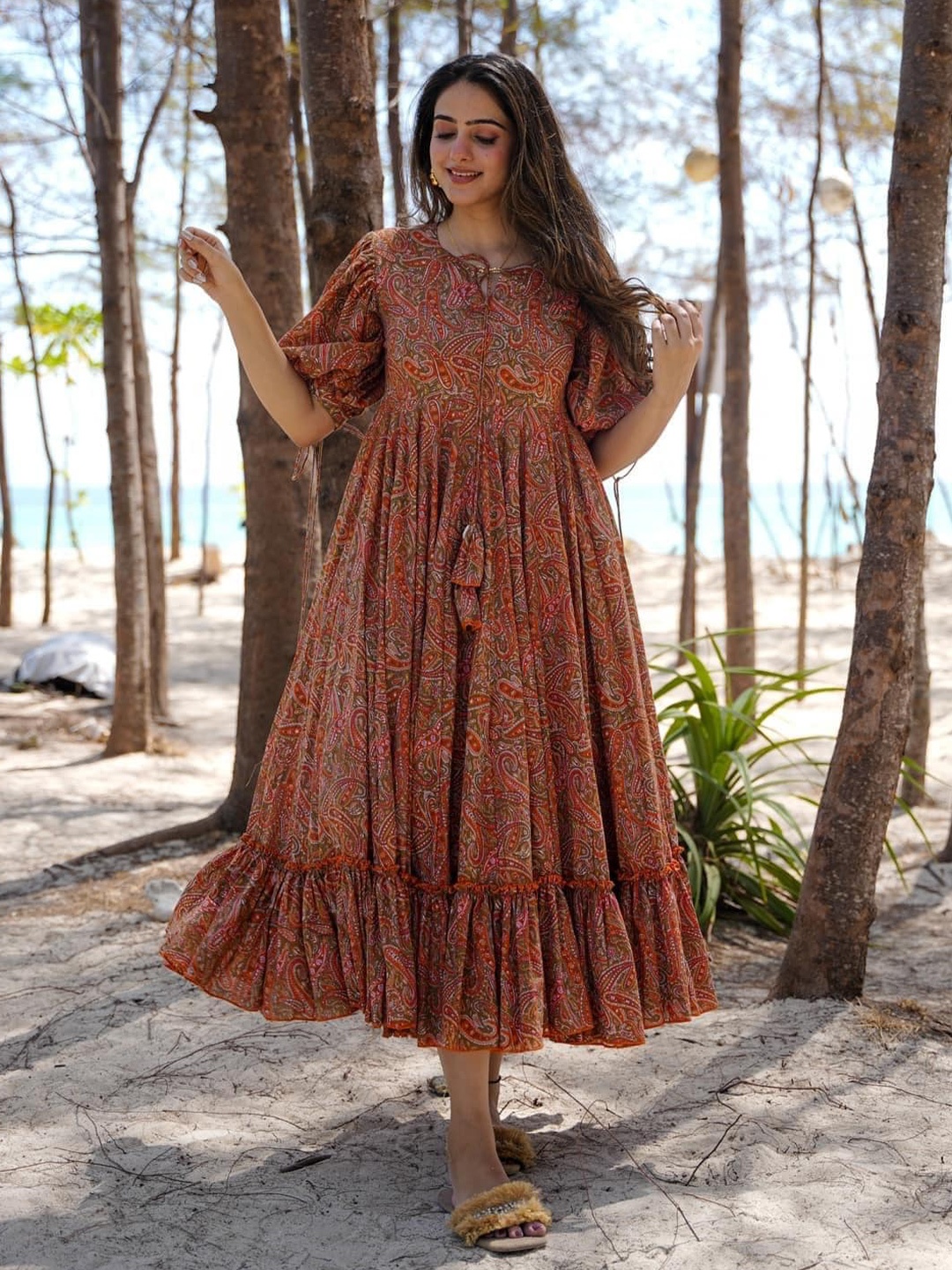 

RIITIH Floral Printed A-Line Dress, Brown