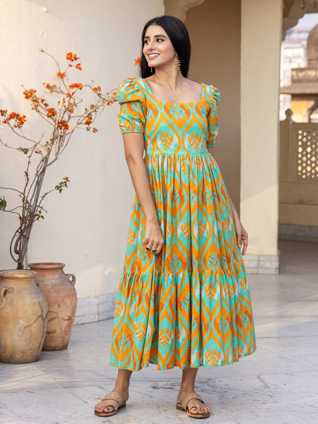 

RIITIH Floral Printed A-Line Midi Dress, Green