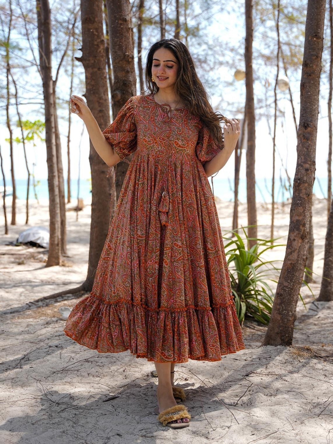 

RIITIH Floral Printed A-Line Midi Dress, Brown