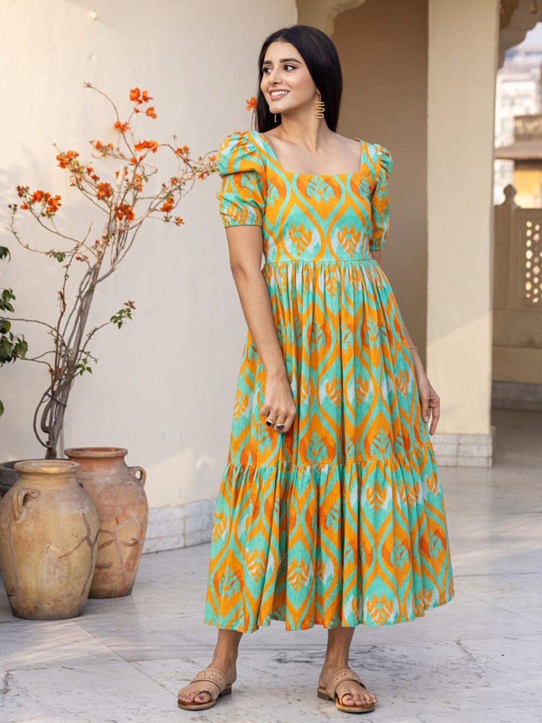 

RIITIH Ethnic Motifs Print Square Neck Puff Sleeves Maxi Dress, Green