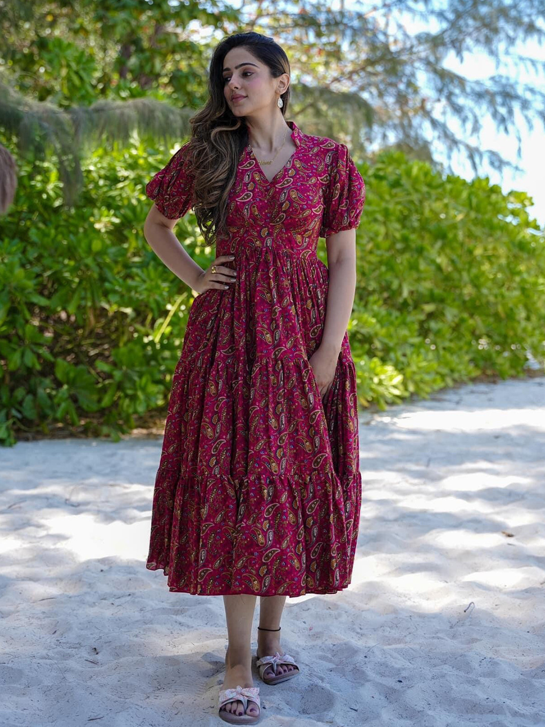 

RIITIH Floral Printed Fit & Flare Midi Dress, Maroon