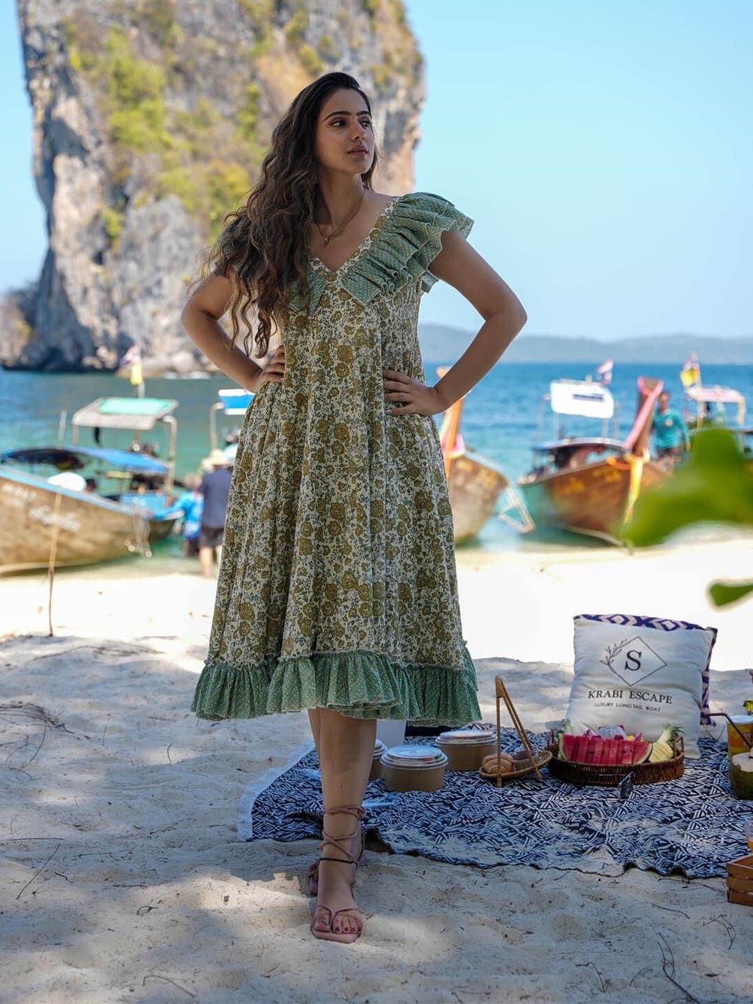 

RIITIH Floral Printed A-Line Dress, Green
