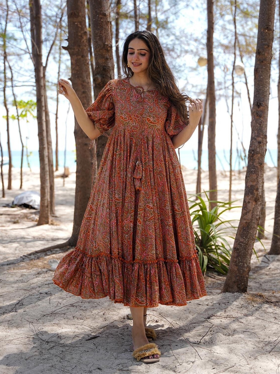 

RIITIH Ethnic Motifs Print Tie-Up Neck Puff Sleeves Midi Fit and Flare Dress, Brown