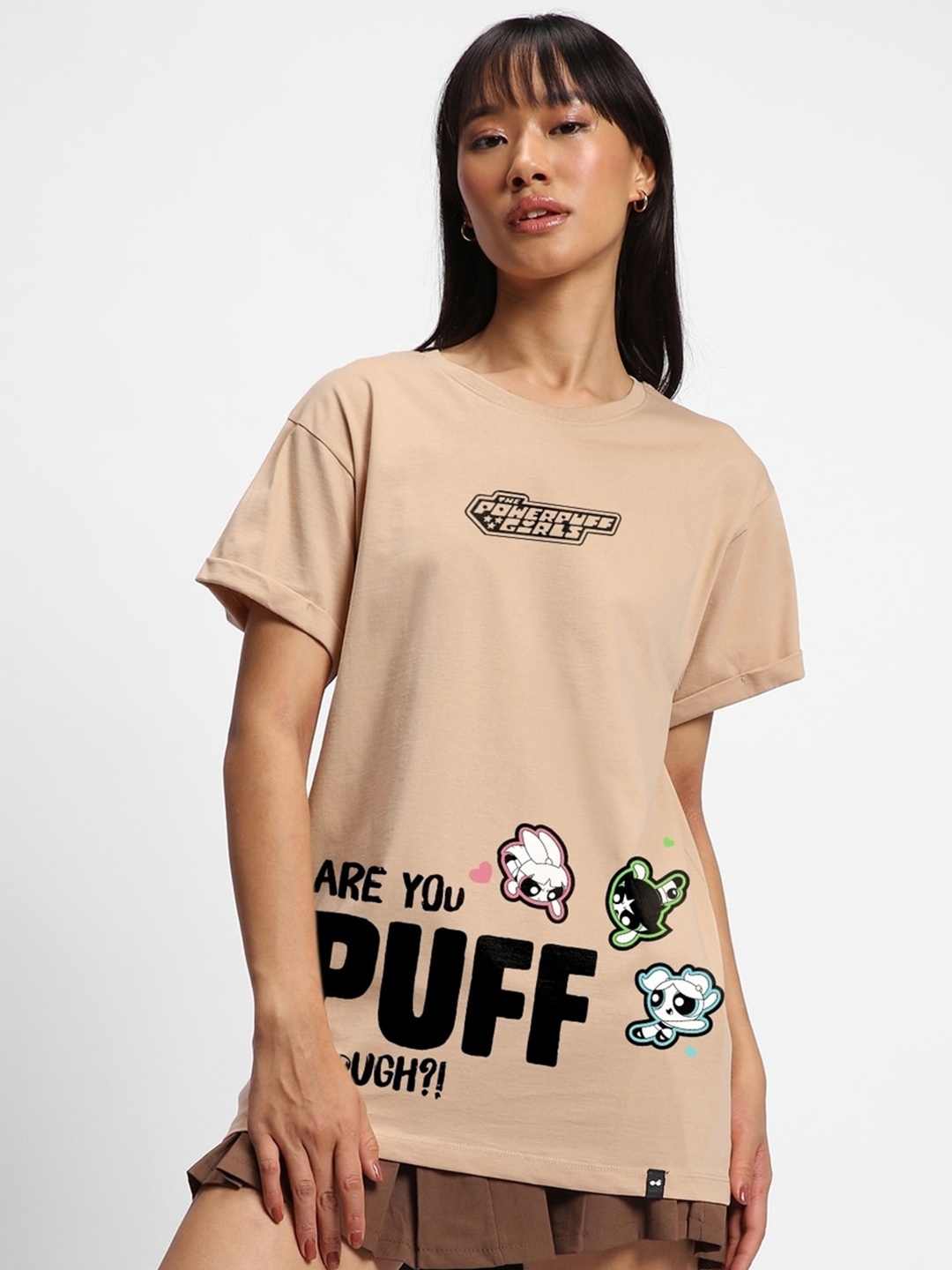 

Bewakoof Powerpuff Girls Printed Drop-Shoulder Sleeve Relaxed Fit Boyfriend Cotton T-shirt, Brown